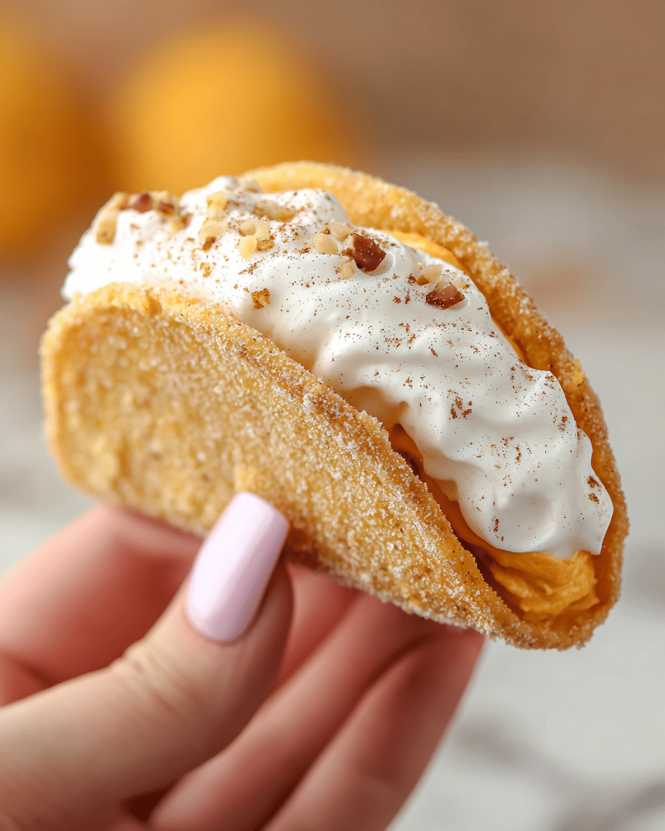 A close-up of a small taco-shaped dessert held by a woman's hand with long, light pink nails, showing two visible layers inside a crunchy, sugar-coated golden shell; the bottom layer is a smooth, orange-colored filling with a slightly grainy texture, and the top layer is fluffy white cream sprinkled with small bits of nuts and a dash of cinnamon powder. The background is softly blurred with warm tones and a white marbled texture surface. photo taken with an iphone --ar 4:5 --v 7