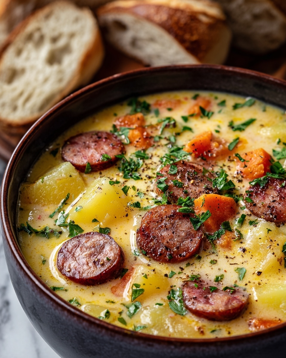 A close-up view of a dark bowl filled with a creamy soup that has three main layers of ingredients: the base broth is light yellow and smooth, with a soft, creamy texture; the second layer contains tender potato pieces in yellowish and light brown shades, carrot segments in orange, and translucent onion chunks; the top layer shows round slices of browned sausage with a glossy surface, scattered evenly across the soup, garnished with bright green chopped herbs and a sprinkle of black pepper. In the background, pieces of crusty bread are slightly out of focus, all placed on a white marbled surface. photo taken with an iphone --ar 4:5 --v 7