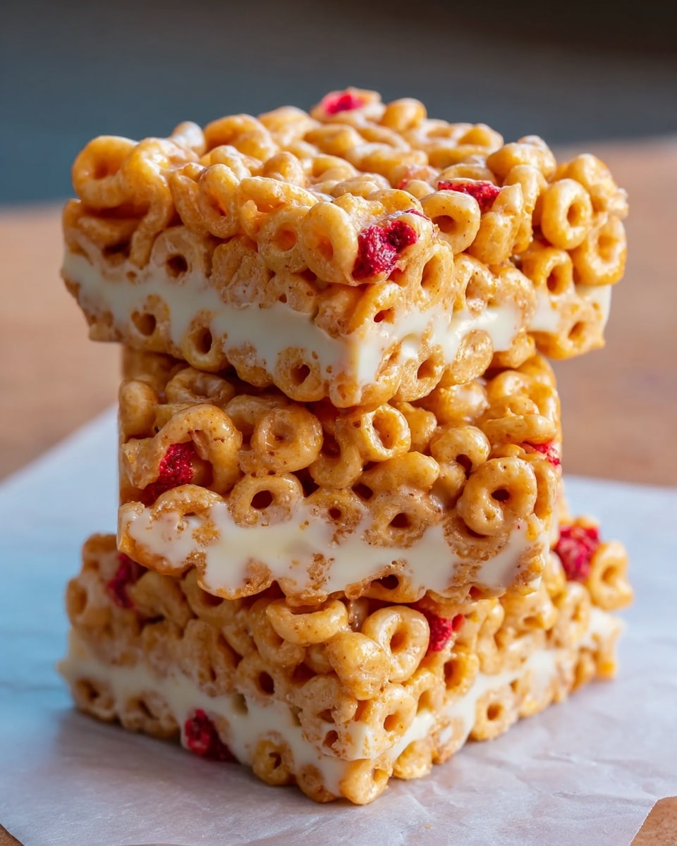 A close-up view of a stack of three square cereal bars, each bar made of light brown round cereal pieces with small bits of bright red dried fruit scattered on top. Between each cereal layer is a thick, creamy white layer that looks smooth and slightly shiny, holding the bars firmly together. The bars rest on a piece of white parchment paper placed on a surface with a white marbled texture. The background is softly blurred with a blue color. photo taken with an iphone --ar 4:5 --v 7