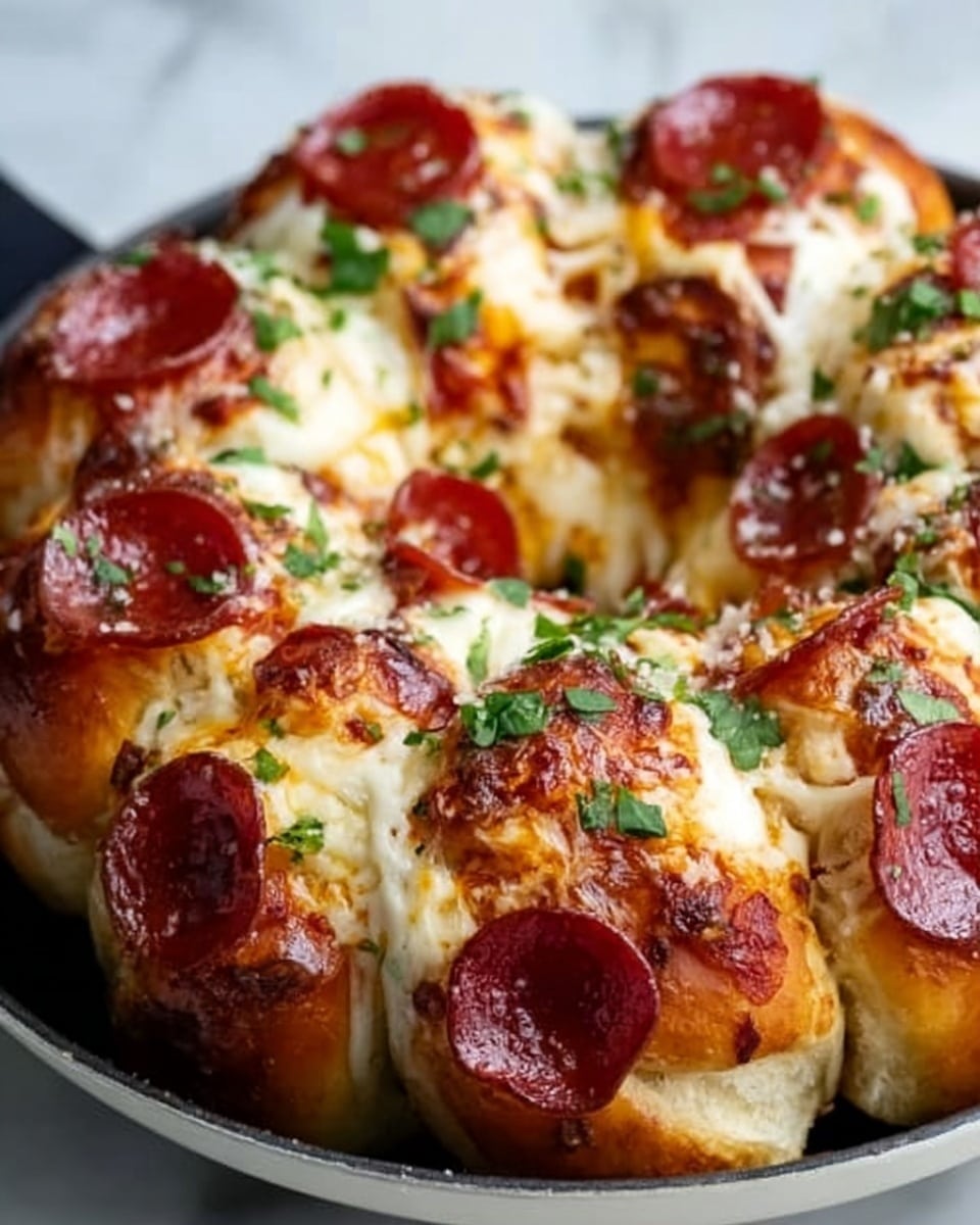 A round, pull-apart bread shaped like a ring, with thick, golden-brown dough pieces arranged in layers. Each piece is topped with melted cheese that is slightly browned and bubbly, scattered dripping, with slices of crispy pepperoni on top. Fresh green herbs are sprinkled lightly over the whole bread, adding a splash of color. The bread sits on a white plate, placed on a white marbled surface. photo taken with an iphone --ar 4:5 --v 7