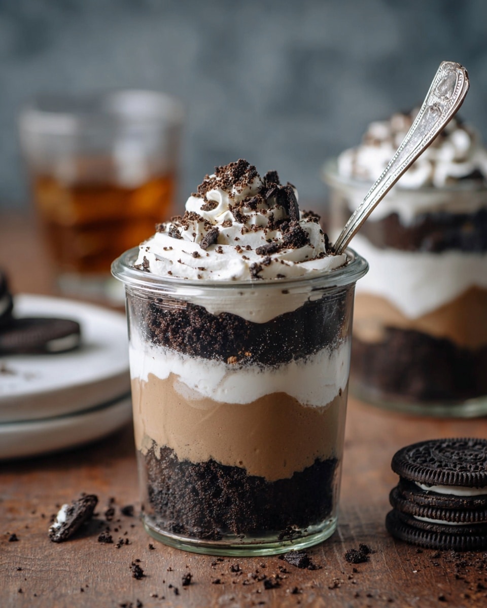 The image shows two small clear glass jars of layered dessert on a dark wooden surface with a white marbled background. Each jar contains four visible layers: the bottom layer is light brown and smooth, the second layer is dark brown crushed cookie pieces, the third layer is thick white cream, and the fourth layer is again dark brown crushed cookie pieces, topped with a generous dollop of white whipped cream sprinkled with more dark cookie crumbs. A vintage silver spoon is placed inside the jar in the front, leaning on the side. In the background, there is a stack of three black and white sandwich cookies to the right and a blurred glass of amber liquid. Photo taken with an iphone --ar 4:5 --v 7