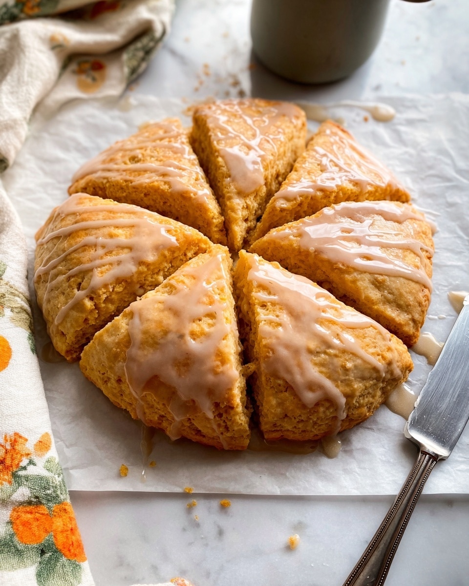 A round, golden-brown scone is cut into eight sections and sits on white parchment paper over a white marbled surface. Each wedge is covered with a shiny light brown glaze that drips softly down the sides, giving a moist look. The scone has a slightly rough texture with small cracks visible under the glaze. To the right, a silver knife lies flat, and at the bottom edge, a silver fork is partially in view. In the background, a soft white cloth with green and orange floral patterns is slightly folded, and a gray container is blurred out. photo taken with an iphone --ar 4:5 --v 7