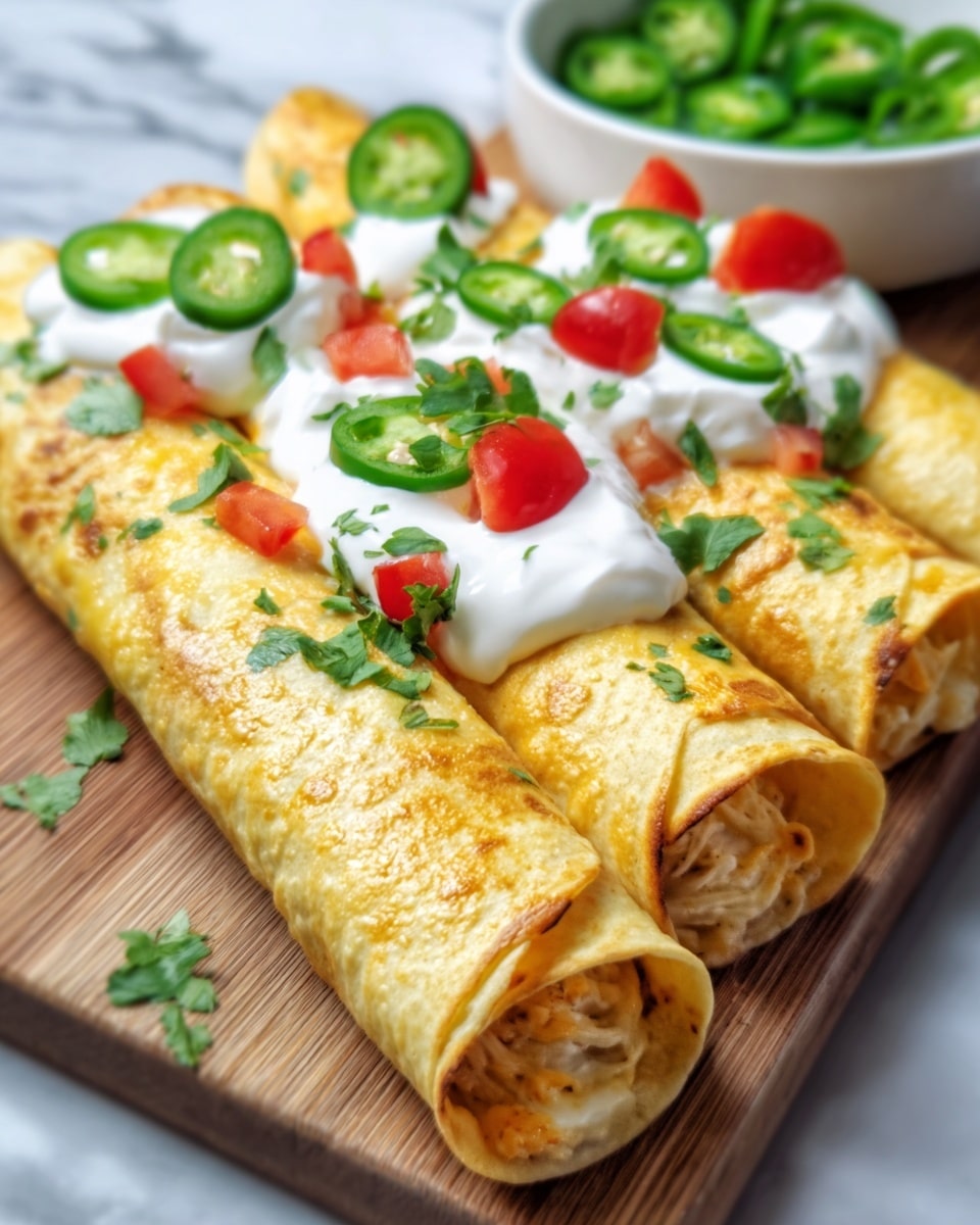 Three rolled crepes filled with shredded chicken lie side by side on a wooden board, each topped with dollops of white sour cream. Small slices of green jalapeño peppers and diced red tomatoes are scattered over the cream, along with fresh green cilantro leaves adding a bright touch. The crepes have a soft, golden-brown color with slight crispness on the edges. In the blurry background, a bowl of chopped green herbs is visible. The whole scene is set on a white marbled surface. Photo taken with an iphone --ar 4:5 --v 7