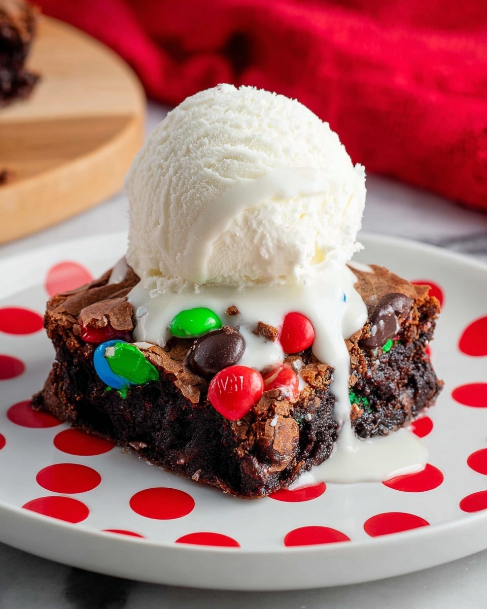 A rich, dark chocolate brownie with a moist and crumbly texture forms the base layer, studded on top with colorful candy-coated chocolate pieces in red, green, yellow, and orange, and some smooth dark chocolate chips. Sitting on top is a generous scoop of creamy white vanilla ice cream that is slightly melting and dripping down the side of the brownie. The dessert is placed on a white plate decorated with bright red polka dots, set against a white marbled surface with a hint of a wooden board and red fabric in the background. Photo taken with an iphone --ar 4:5 --v 7