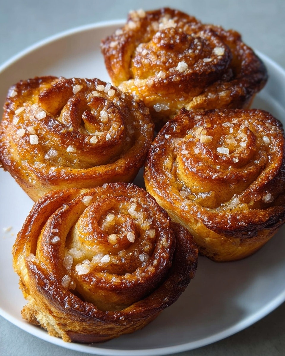 Four cinnamon rolls shaped like roses sit on a round white plate placed on a white marbled surface. Each roll has multiple layers of golden brown dough spiraled tightly, with a visible sugary cinnamon mixture in between the layers. The outer edges are slightly caramelized and crispy, and coarse sugar crystals sparkle on top, adding texture and shine. The rolls appear warm and soft with a glossy finish from a sugary glaze. Photo taken with an iphone --ar 4:5 --v 7