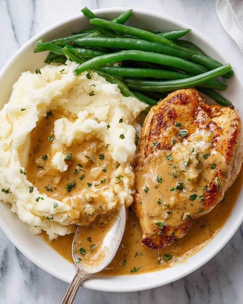 A white plate holds a meal with three parts: mashed potatoes, green beans, and chicken breast covered in sauce. The mashed potatoes are creamy white, piled high on one side of the plate, with smooth texture and sauce pooling on top, a spoon pressing into them. Next to the potatoes, bright green beans are arranged in a neat row, looking fresh and crisp. The chicken breast is browned with a slightly crispy texture and is generously covered in a light brown sauce with small green herb pieces sprinkled on top. The plate sits on a white marbled surface. Photo taken with an iphone --ar 4:5 --v 7