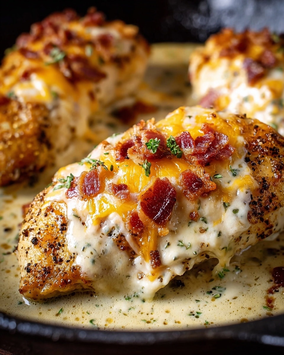 The image shows a close-up of a cooked chicken breast topped with melted cheddar cheese and crispy bacon bits. The chicken is golden brown with seasoning visible, and it sits in a creamy light sauce that pools around it. Small green herb pieces are sprinkled on top, adding a touch of color. The dish appears in a black pan with other similar pieces of chicken in the blurred background. The texture of the cheese is gooey and slightly browned in places, contrasting with the smoothness of the sauce. Photo taken with an iphone --ar 4:5 --v 7