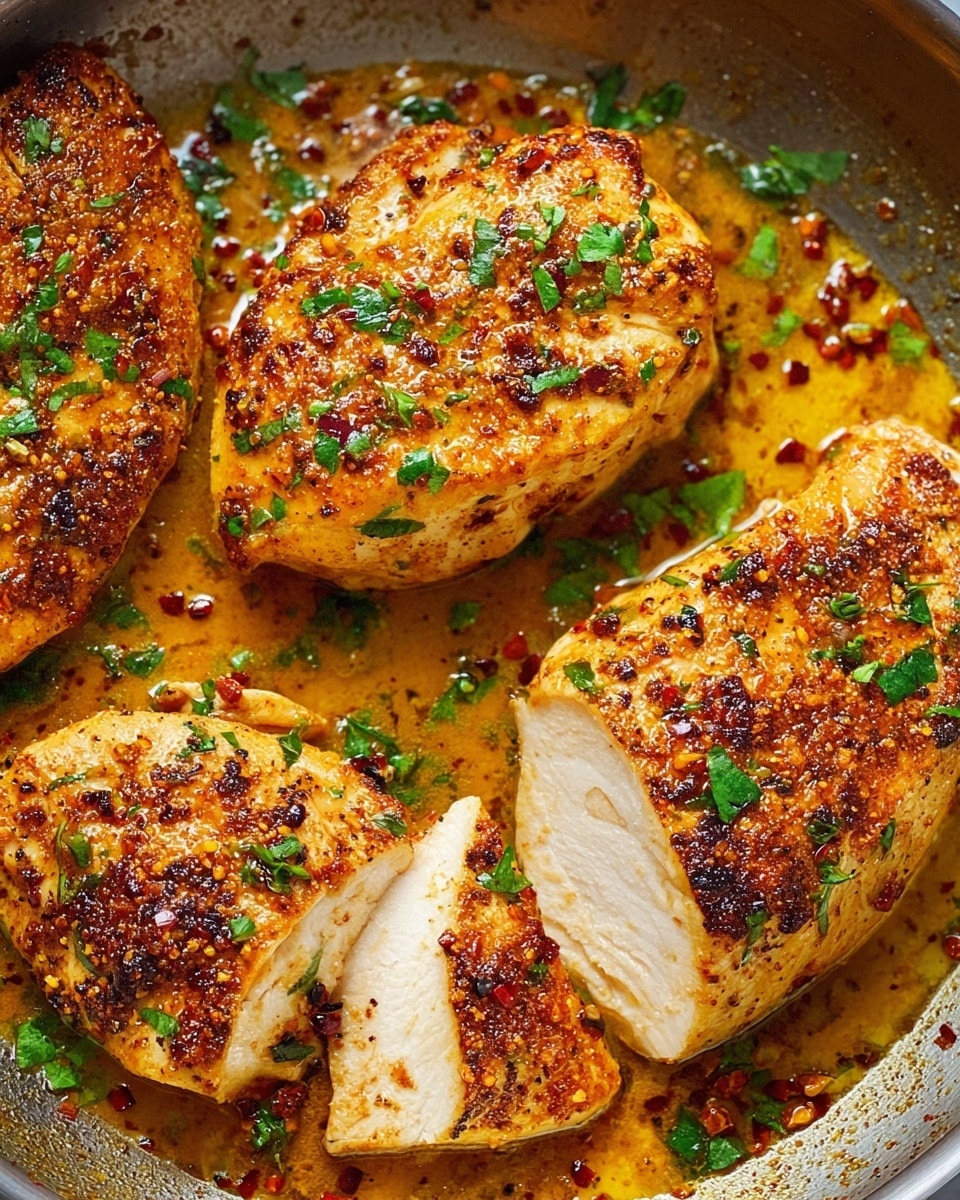 Four golden-brown cooked chicken breasts sit in a silver pan filled with a glossy, oily sauce that has red pepper flakes and small bits of garlic, giving it a textured look. One chicken breast is sliced into thick, even pieces showing the white, juicy inside, while the other three remain whole, speckled with black pepper and fresh green parsley leaves scattered on top. The pan edges are slightly browned, adding a rustic feel. The background shows parts of fresh green herbs on a white marbled surface. photo taken with an iphone --ar 4:5 --v 7
