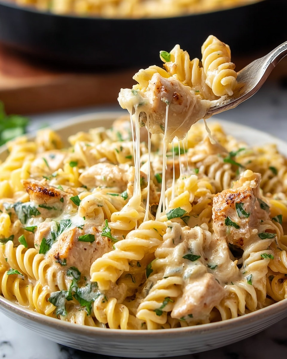 A close-up view of a large white bowl filled with a creamy pasta dish made of yellow spiral rotini pasta and chunks of browned chicken. The pasta is coated in a smooth, light beige cheese sauce with stretchy melted cheese strands visible. Bright green chopped herbs are scattered on top, adding a pop of color. A silver fork lifts a bite of pasta and chicken above the bowl, with the cheese stretching down to the food below. The background shows a blurred black pan and a white marbled surface. Photo taken with an iphone --ar 4:5 --v 7