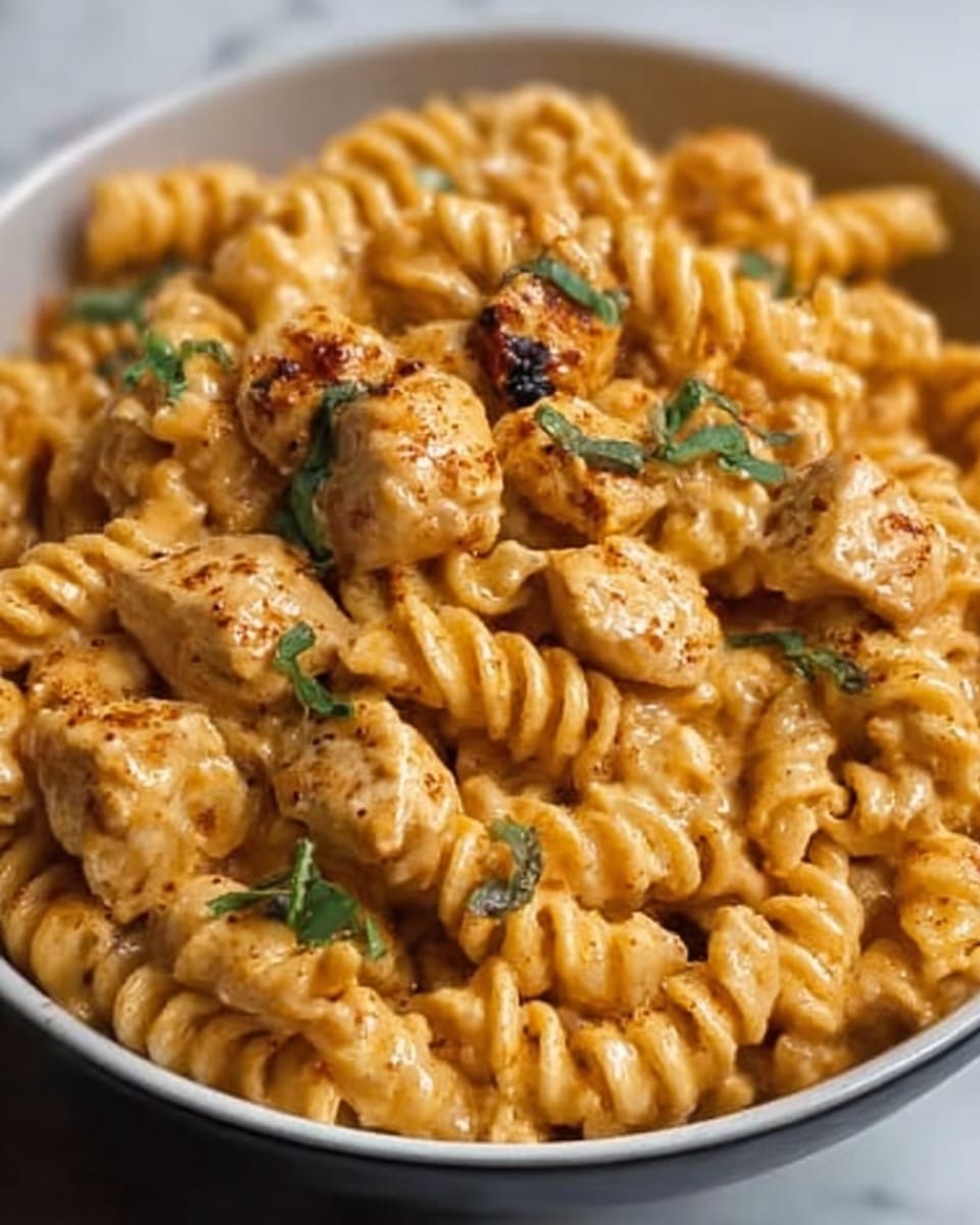 The image shows a close-up of a bowl filled with rotini pasta covered in a creamy orange sauce with visible pepper and seasoning specks. Large chunks of light brown grilled chicken are mixed throughout the pasta, with small green parsley leaves scattered on top for color. The sauce looks smooth and rich, coating every spiral of the pasta. The bowl is white and sits on a white marbled surface. photo taken with an iphone --ar 4:5 --v 7
