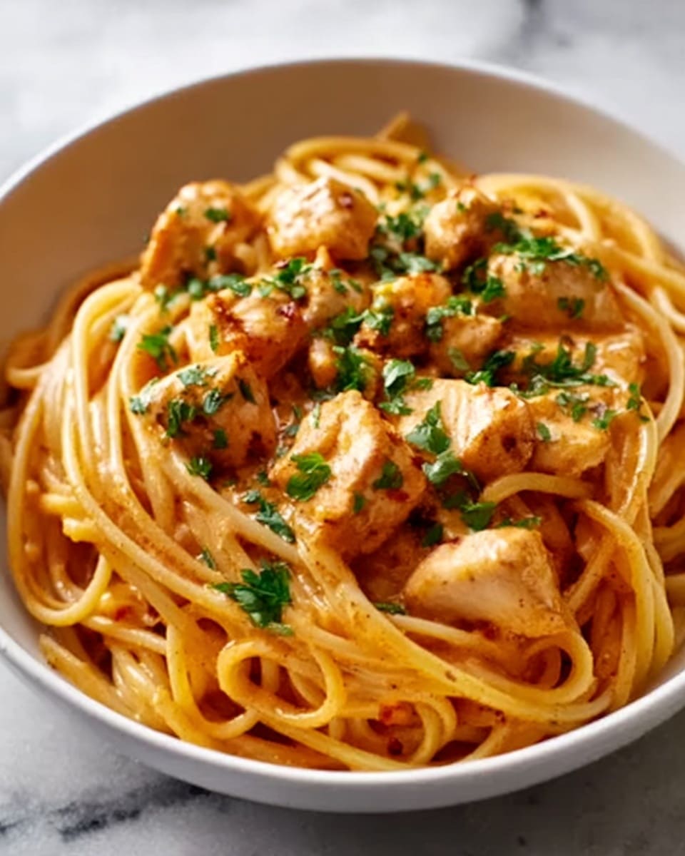 A close-up view of a white bowl filled with creamy pasta, layered with thick spaghetti noodles that are a light golden color. On top, there are pieces of cooked chicken coated in an orange creamy sauce, sprinkled with finely chopped green herbs. A small sprig of fresh parsley decorates the center, adding a touch of green contrast. The bowl sits on a white marbled surface, and a blurred green glass is visible in the background, softly out of focus. photo taken with an iphone --ar 4:5 --v 7
