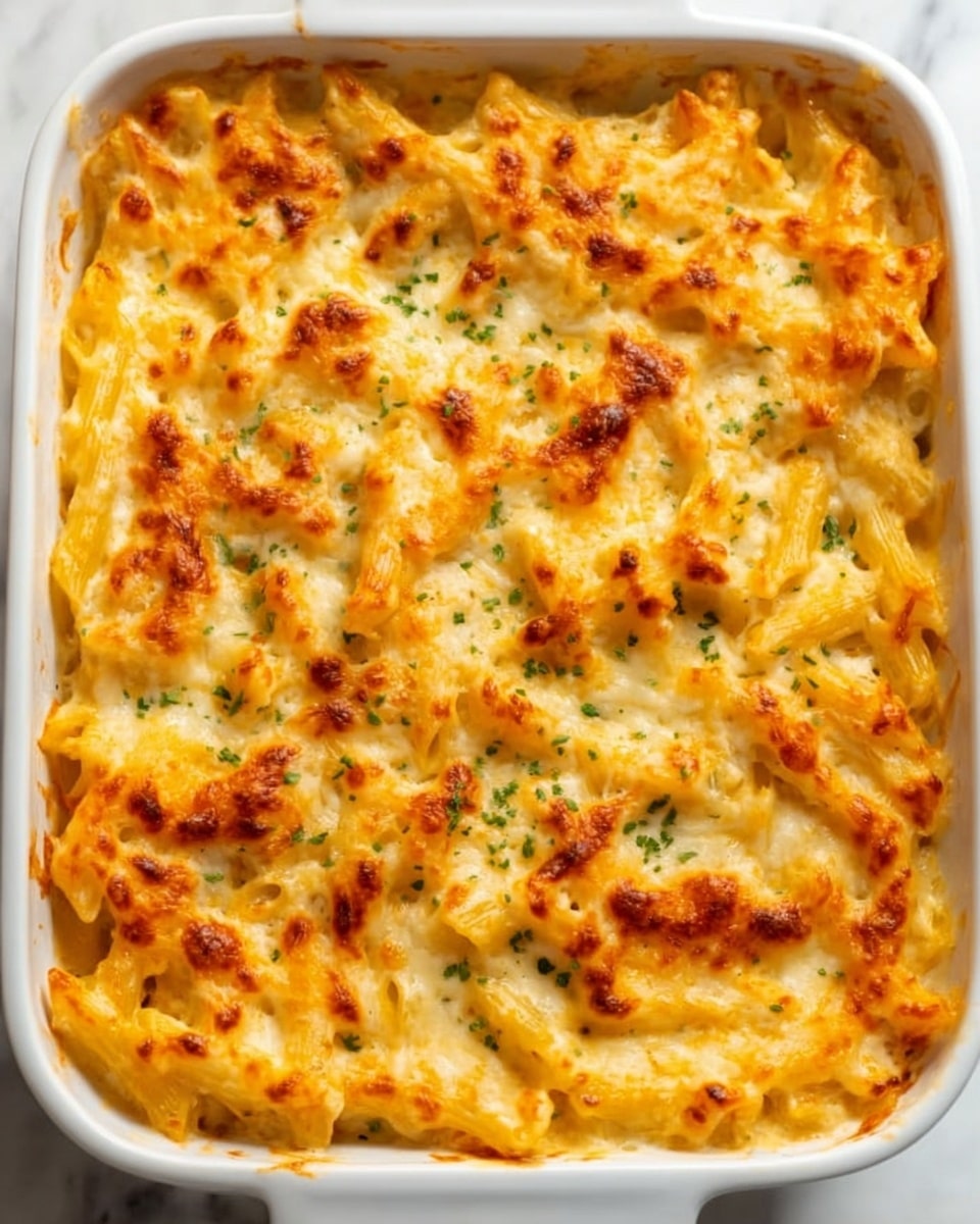The image shows a white rectangular casserole dish filled with baked penne pasta. The pasta is layered with a creamy cheese sauce that is golden brown on top, with some parts showing slight browning and bubbling from baking. Small bits of green parsley are sprinkled evenly over the cheesy surface, adding a fresh contrast to the warm orange and yellow shades of the melted cheese. The texture appears creamy and slightly crispy on the edges. The dish is set on a white marbled surface. Photo taken with an iphone --ar 4:5 --v 7
