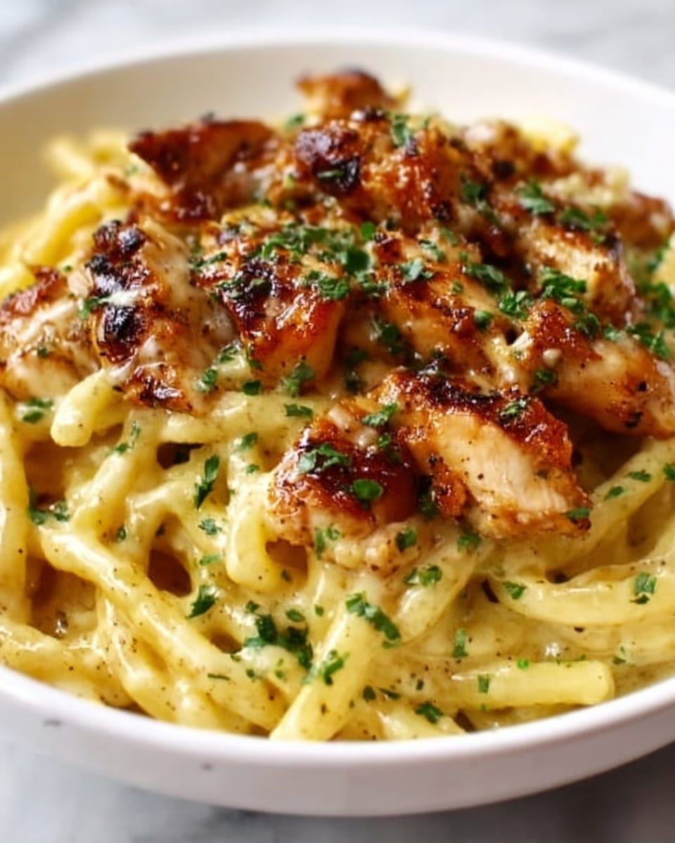 A white bowl filled with creamy pasta and grilled chicken pieces on top. The pasta is light yellow, smooth, and coated with a shiny sauce. The grilled chicken is golden brown with some darker grilled marks and is arranged in layers on the pasta. Small green herbs are sprinkled over the dish, adding a fresh touch. The background is a white marbled texture. Photo taken with an iphone --ar 4:5 --v 7