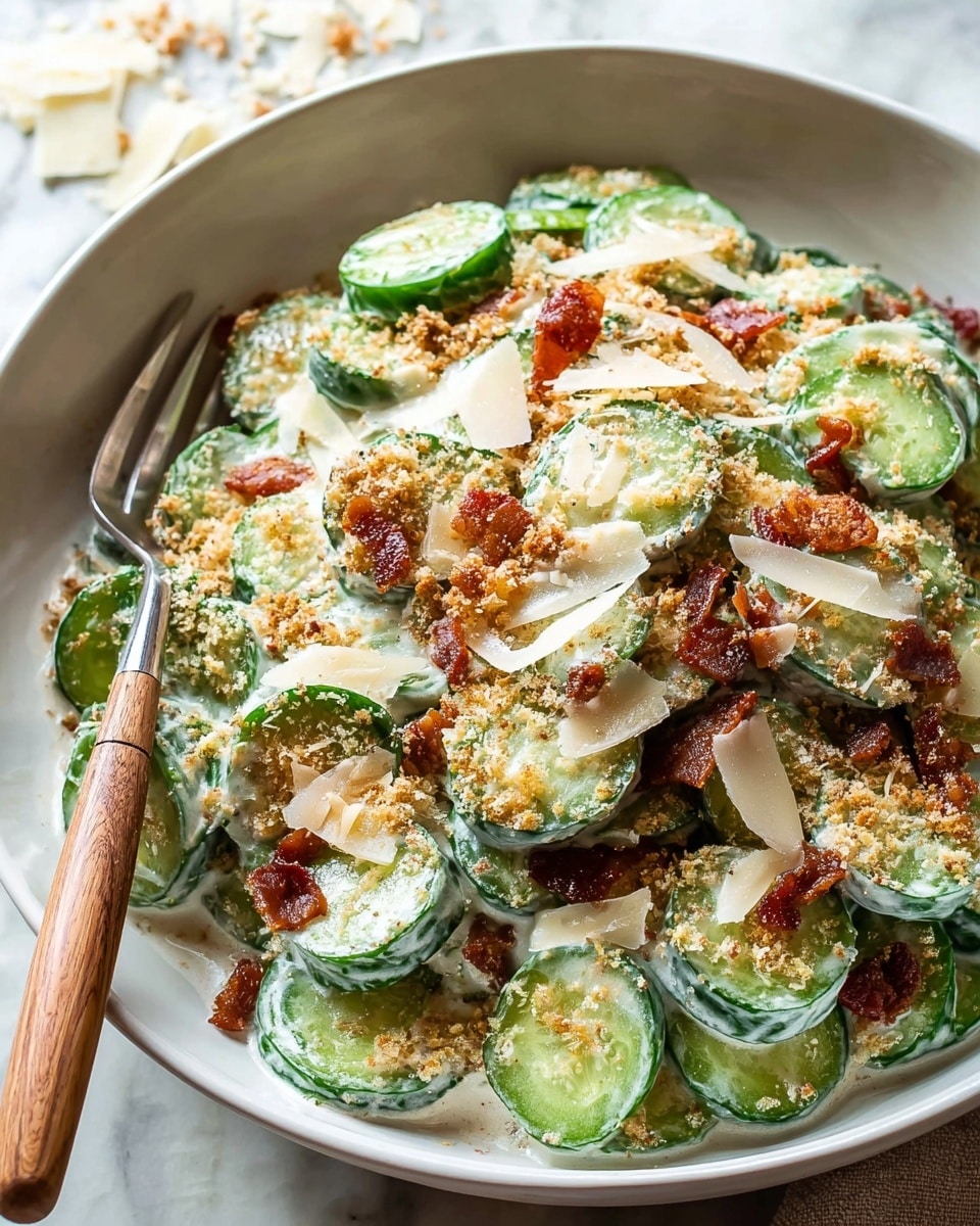 A white bowl filled with a creamy cucumber salad is shown, with sliced round green cucumbers coated in a smooth white dressing as the base layer. Scattered on top are small crispy brown bacon pieces and light beige breadcrumbs, adding texture and color. Thin, uneven shavings of pale cheese are layered over the cucumbers and bacon, adding a delicate touch. A wooden fork with a metal tip rests inside the bowl on the left side. The bowl sits on a white marbled surface, and the photo has bright, natural light. photo taken with an iphone --ar 4:5 --v 7