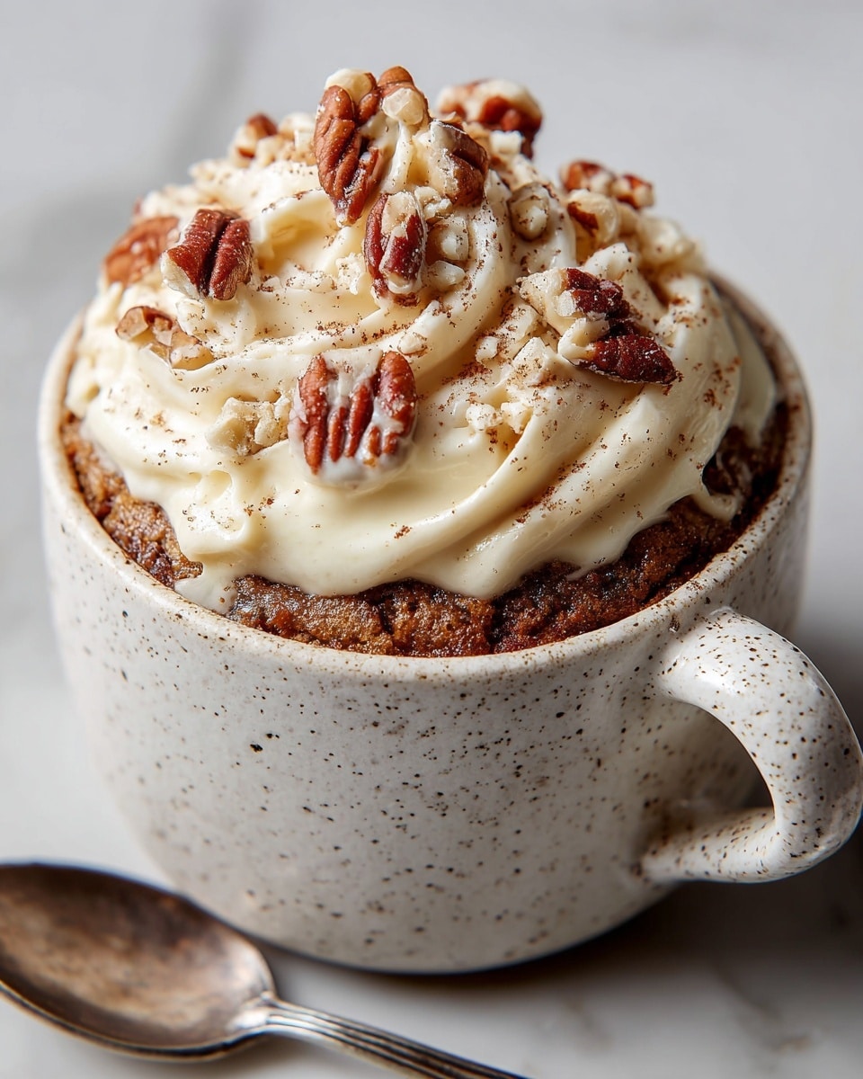 A baked mug cake with a rough brown texture fills a white speckled mug, topped with a generous swirl of creamy white whipped frosting. The frosting is sprinkled with small chunks of glossy brown pecans and a light dusting of cinnamon powder. The mug sits on a white marbled surface next to a vintage-looking tarnished silver spoon. photo taken with an iphone --ar 4:5 --v 7