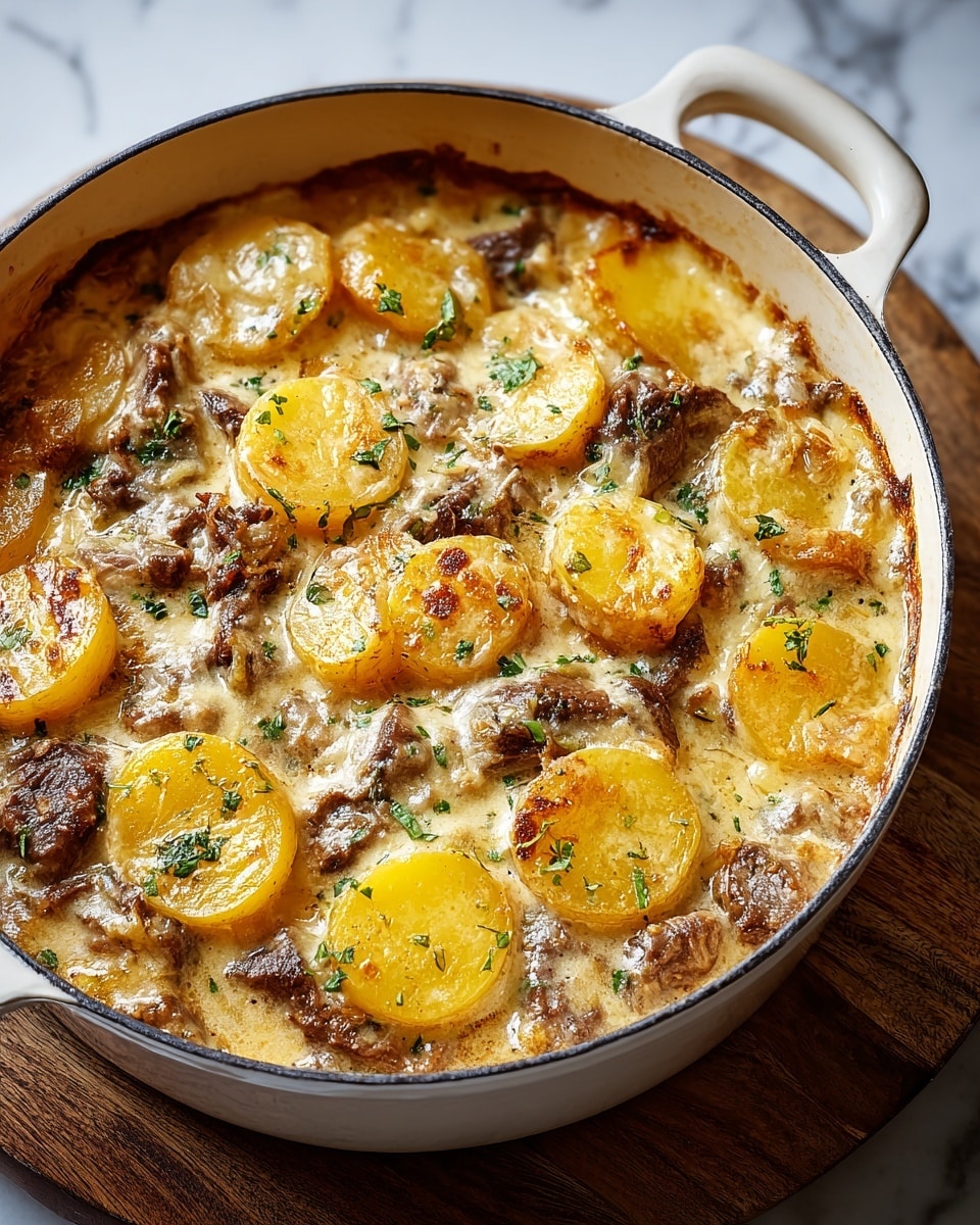 The dish is a creamy casserole shown inside a white cast iron pot with two handles. It has about two layers visible: the bottom layer consists of browned meat chunks with a rich sauce, and the top layer is made up of round slices of yellow potatoes that are lightly browned and partially soaked in the creamy sauce. The entire dish is sprinkled with small, chopped green herbs, adding flecks of color across the surface. The pot sits on a round wooden board against a white marbled texture surface. Photo taken with an iphone --ar 4:5 --v 7
