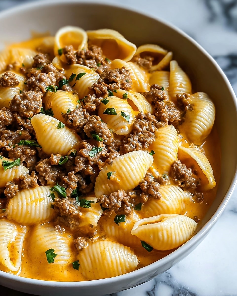 A close-up image of a white bowl filled with a single-layer dish of shell pasta coated in a light reddish-orange sauce, mixed with small pieces of browned ground meat scattered evenly. There are small green herb leaves sprinkled on top, adding a fresh contrast to the warm colors of the pasta and meat. The pasta shells are glossy and look soft, with the sauce clinging to their grooved surface, all resting against a white marbled textured background. The photo taken with an iphone --ar 4:5 --v 7