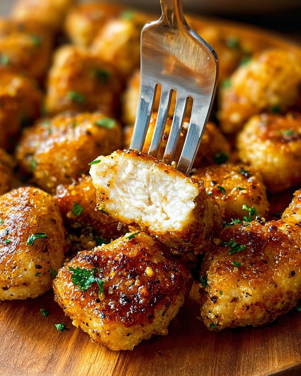 The image shows a close-up of many small, round, golden-brown chicken bites with a crispy and slightly shiny texture, sprinkled with tiny green parsley bits, all arranged on a wooden surface. A silver fork is holding one piece of chicken that is cut in half, showing the tender, white inside. The chicken pieces have a seasoned crust with visible black pepper and spices. Photo taken with an iphone --ar 4:5 --v 7