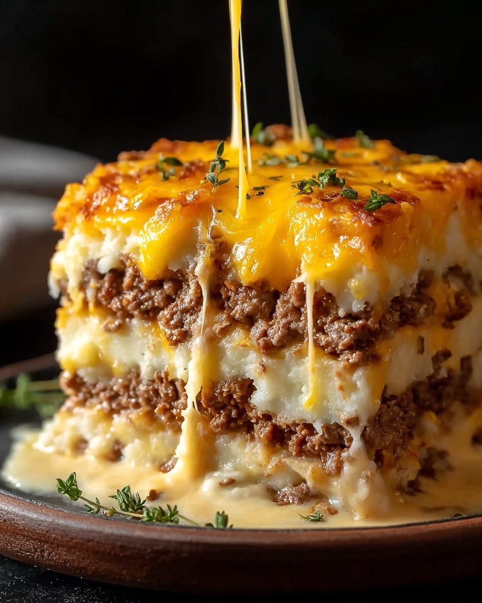 The image shows a glass baking dish filled with a layered lasagna, with one square piece being lifted by a fork. The lasagna has visible layers including a bottom creamy white sauce, a middle layer of brown cooked ground meat, and a top layer of melted golden-yellow cheese with some browned spots. Green herb pieces are sprinkled on top for garnish. The melted cheese stretches in long strings from the main dish to the lifted piece. The dish is placed on a white marbled surface. photo taken with an iphone --ar 4:5 --v 7