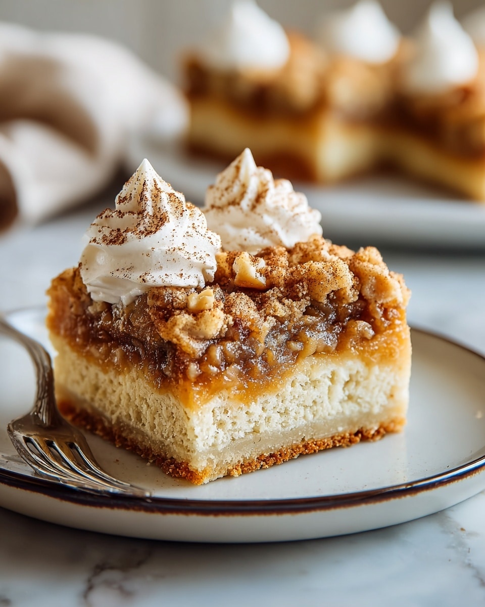 A close-up of a square slice of crumb cake on a white plate with a thin brown rim, showing three layers: a moist golden yellow cake base, a thick layer of dark brown cinnamon swirl in the middle, and a crunchy crumb topping with a light brown color. On top, there are dollops of white whipped cream decorated with small pieces of light brown toffee. A shiny amber syrup drizzles around the cake on the plate. The background shows a blurred larger cake on a black plate and a small orange pumpkin on a white marbled surface. photo taken with an iphone --ar 4:5 --v 7