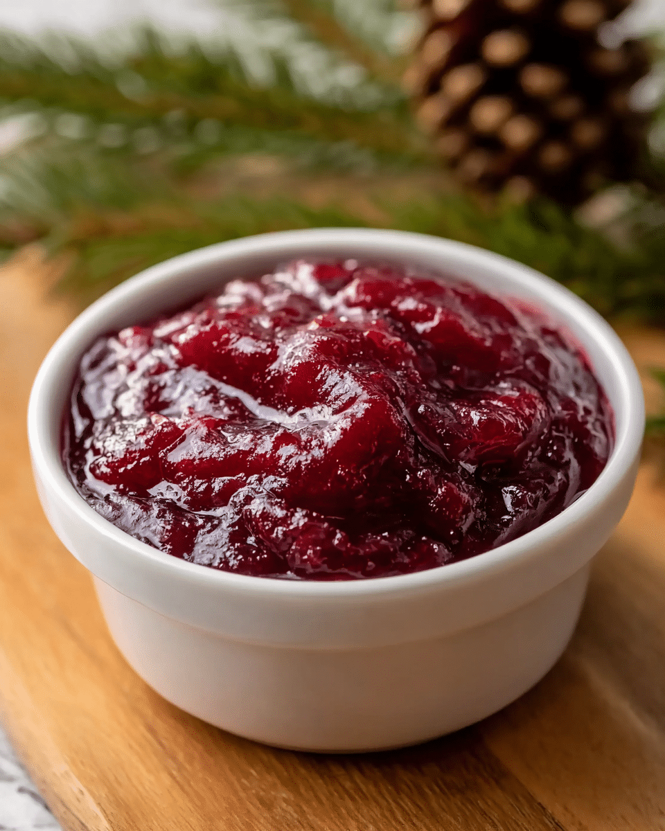 A small white ceramic bowl filled with thick, glossy, deep red cranberry sauce that has a slightly chunky texture, showing soft fruit bits throughout. The sauce is mounded slightly above the rim of the bowl with natural peaks and swirls, catching light on its shiny surface. The bowl sits on a wooden surface with a pinecone and green pine needle branch blurred in the background, all against a white marbled texture. photo taken with an iphone --ar 4:5 --v 7