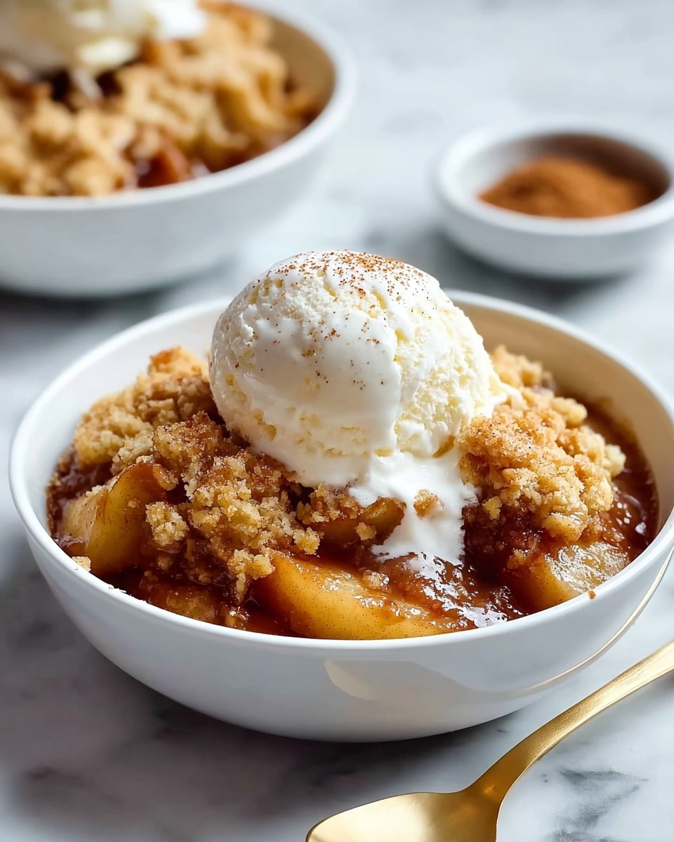 A white bowl filled with warm apple crumble dessert showing soft, tender apple chunks soaked in sticky, golden-brown sauce at the bottom layer, topped with a thick, crumbly, light golden crust layer, finished with a round scoop of creamy white vanilla ice cream melting slightly on top. The bowl sits on a white marbled surface with blurred white bowls in the background. photo taken with an iphone --ar 4:5 --v 7