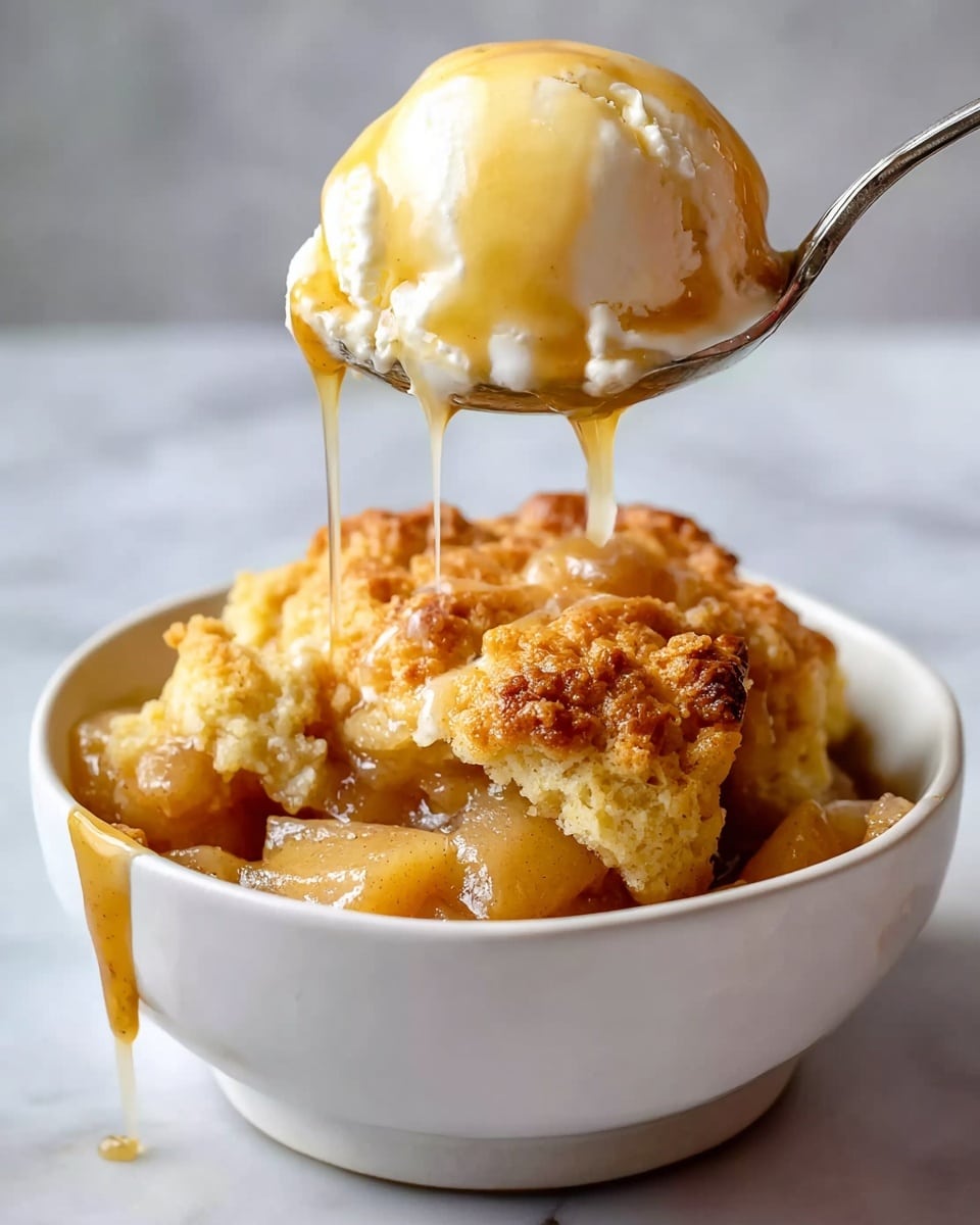 A white bowl filled with a golden-brown baked apple cobbler, showing a rough, crumbly top layer with toasted color and texture. Below this is a thick layer of glossy, caramelized apple chunks in syrup, warm and sticky, some syrup dripping down the side of the bowl. On top is a creamy, melting scoop of vanilla ice cream, soft and smooth with syrup dripping down its sides. A spoon lifts a bite with a bit of the cobbler’s crust, gooey apple pieces, and melting ice cream, all dripping slightly. The dish is placed on a white marbled surface with a blurred bowl of more cobbler in the background. photo taken with an iphone --ar 4:5 --v 7