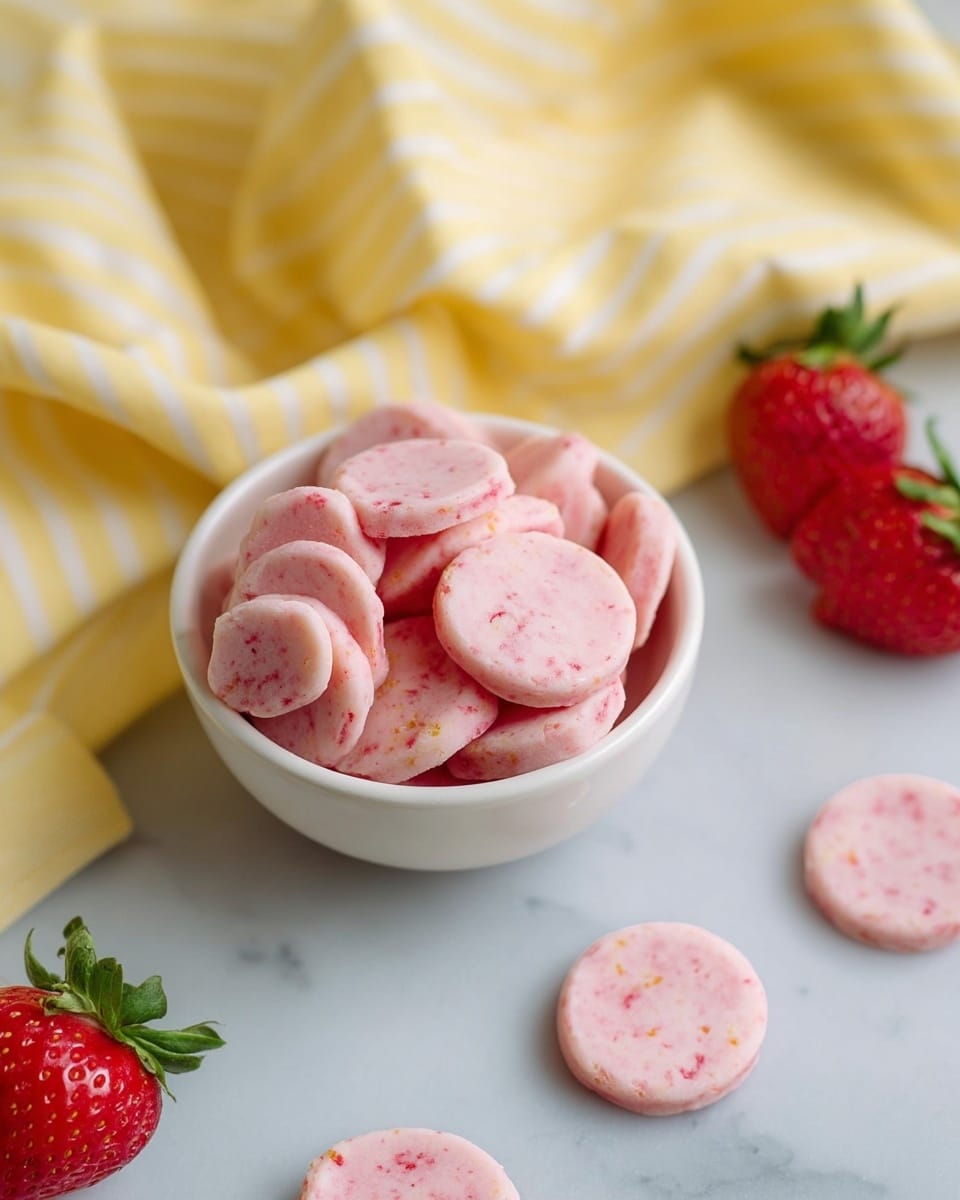 The image shows a small white bowl filled with smooth, round pink strawberry yogurt melts that have small red specks inside. Several yogurt melts are also scattered beside the bowl on a white marbled surface. Next to the bowl and melts, there are fresh red strawberries with green leaves. Behind the bowl, there is a yellow and white striped cloth that adds a soft texture to the scene. photo taken with an iphone --ar 4:5 --v 7
