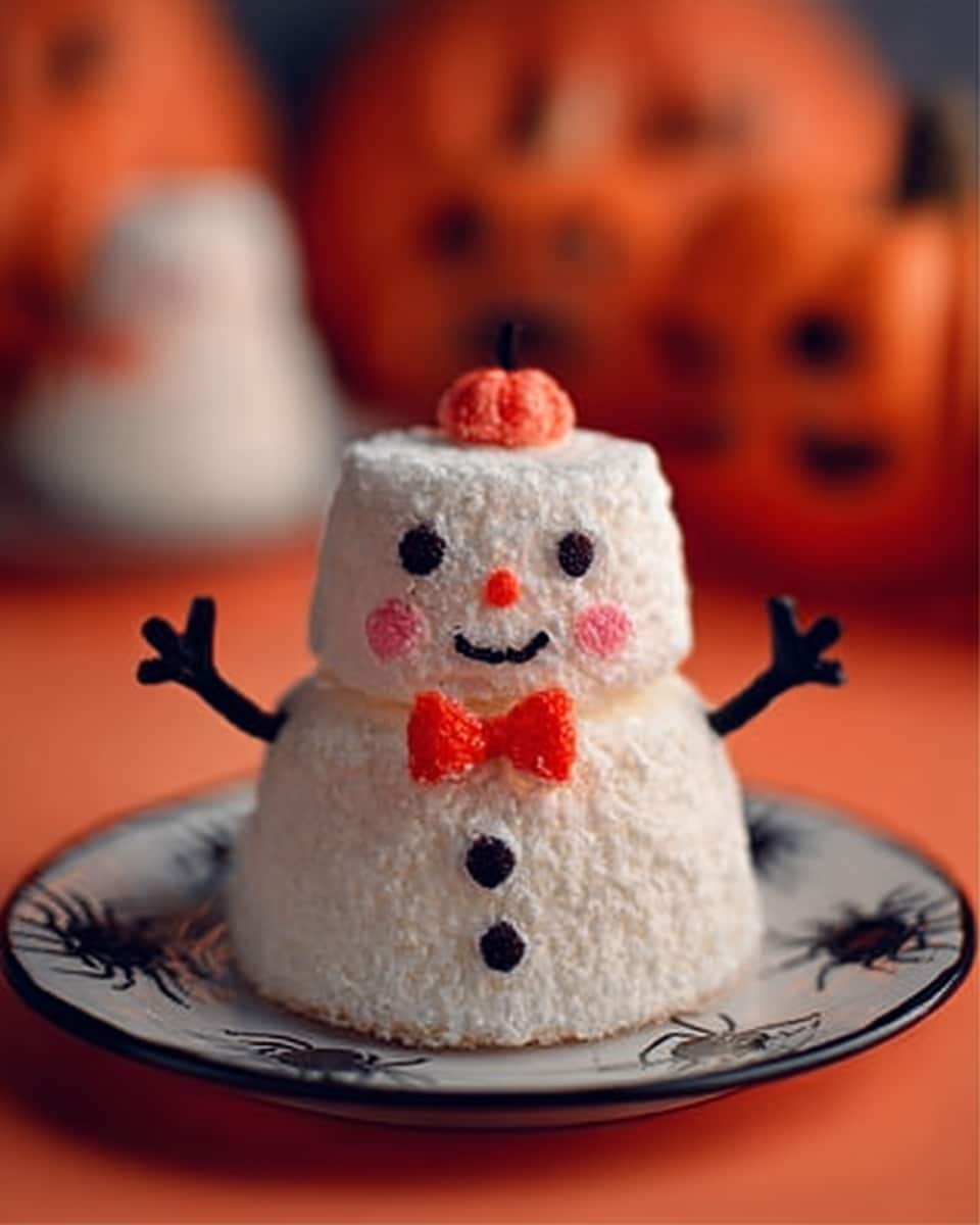The image shows a small, white textured snowman-shaped cake with two small arms sticking out at the sides. The snowman has a happy face with black eyes and smile details, along with pink blush on the cheeks. It wears a tiny red bow tie near the top and a small red decoration on its head. The snowman sits on a round white plate adorned with black spider designs around the edges. The background features a soft focus with warm orange tones and blurry pumpkin shapes, creating a Halloween or fall feel. Photo taken with an iphone --ar 4:5 --v 7