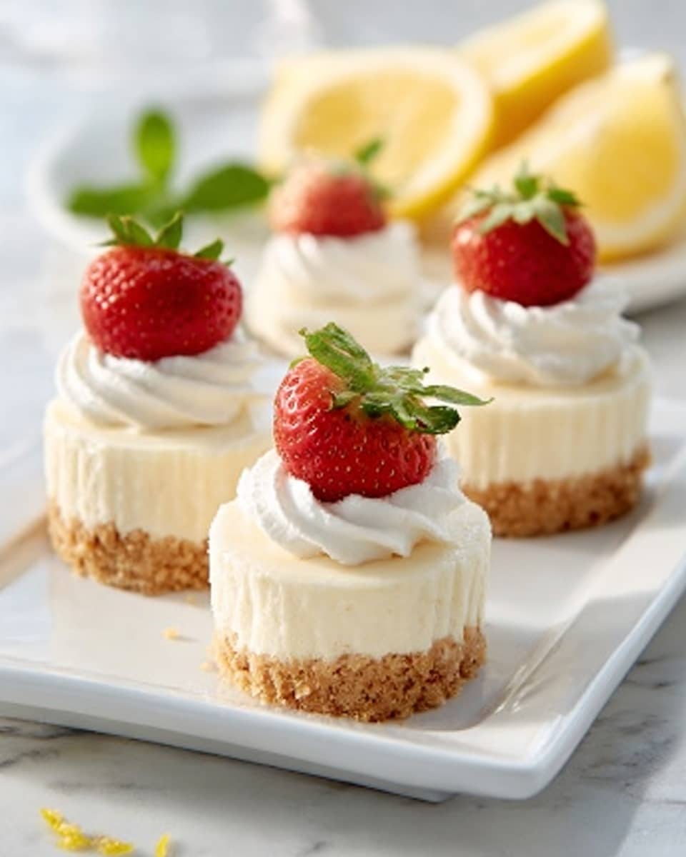 The image shows three mini cheesecakes on a white rectangular plate placed on a white marbled surface. Each cheesecake has a crumbly golden-brown crust layer at the bottom, a thick, smooth white cream cheese layer in the middle, and a dollop of whipped cream on top. A fresh red strawberry with green leaves is placed on each whipped cream topping. In the background, you can see a few lemon slices and a small green garnish. The lighting is bright and natural, making the colors pop. photo taken with an iphone --ar 4:5 --v 7