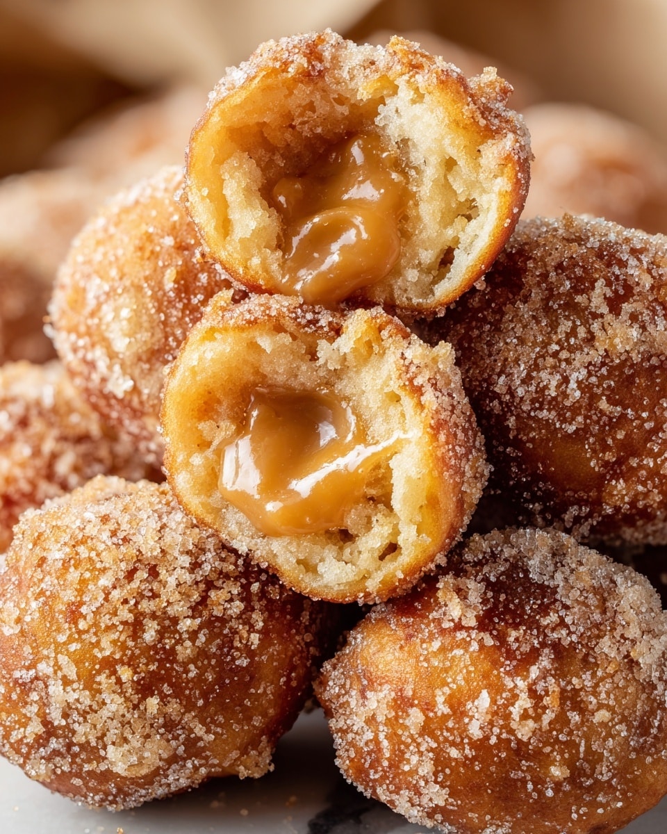 A close-up view of several round, golden brown fritters coated with a layer of granulated sugar. One fritter is broken open on the top of the pile, revealing a thick, smooth, caramel-colored filling inside. The fritters have a slightly rough texture outside from the sugar coating. They are placed on a white marbled surface with warm lighting that highlights the sugar crystals and the shiny filling inside the fritter. photo taken with an iphone --ar 4:5 --v 7