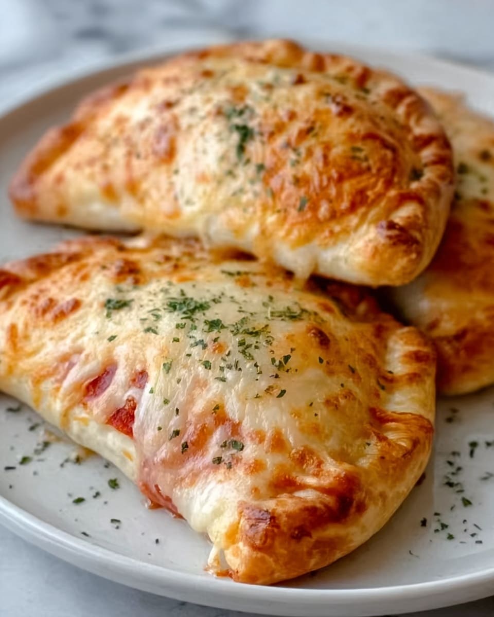The image shows three golden-brown baked calzones on a white plate, each with a slightly crispy, bubbly crust topped with melted cheese that is light orange and white in color. You can see a light sprinkle of green dried herbs over the cheesy surface, adding texture and color. The filling of the calzones slightly peeks out from the edges, showing a red tomato sauce layer inside. The plate is placed on a white marble textured surface, giving a clean and bright look. The calzones are arranged close together, making the dish look warm and fresh. Photo taken with an iphone --ar 4:5 --v 7