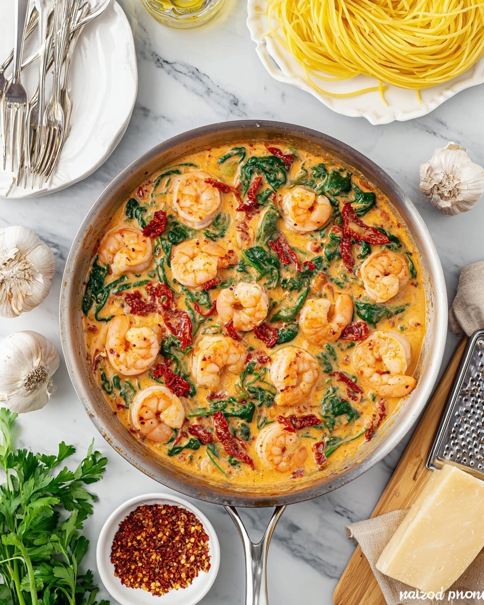A metal pan filled with a creamy orange sauce that covers plump pink shrimp, bright green spinach leaves, and pieces of red sun-dried tomatoes scattered evenly throughout. The sauce looks smooth and rich, with small bits of seasoning visible. Around the pan on a white marbled surface, there is a white plate with cooked yellow spaghetti, a white plate with three silver forks, a small white bowl filled with crushed red chili flakes, a wooden board with a wedge of light yellow cheese and a grater, fresh garlic bulbs and green parsley sprigs. photo taken with an iphone --ar 4:5 --v 7