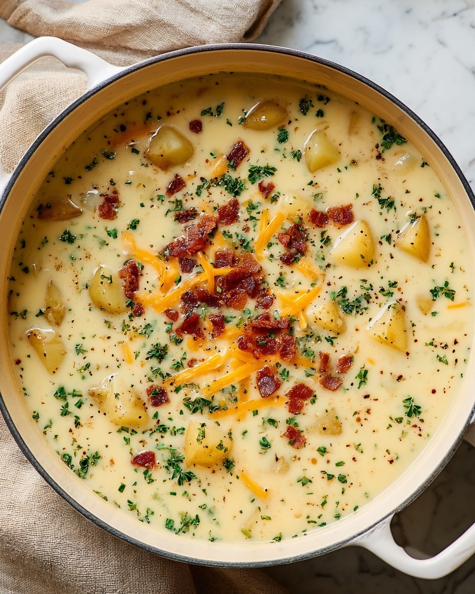 A large white pot filled with creamy yellow soup that has visible chunks of light yellow potatoes and orange shredded cheese mixed fully throughout. On top, there are small pieces of crispy brown bacon scattered evenly, bright green chopped herbs sprinkled all over, and a dash of black pepper. The soup surface shows a smooth and rich texture with small bits of potato rising slightly above the soup. The pot handles are visible on both sides and the pot sits on a white marbled surface with some faint scattered ingredients around it. photo taken with an iphone --ar 4:5 --v 7
