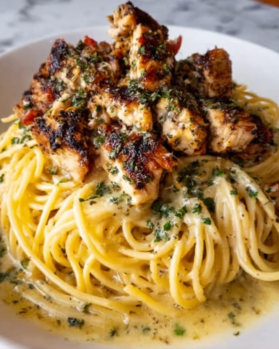 A white bowl holds a plate of spaghetti noodles lightly coated in a creamy sauce with flecks of herbs throughout. On top is a stack of grilled chicken pieces, browned and seasoned, with a melted layer of cheese and small green herb sprinkles covering the chicken. The background is a white marbled surface. Photo taken with an iphone --ar 4:5 --v 7