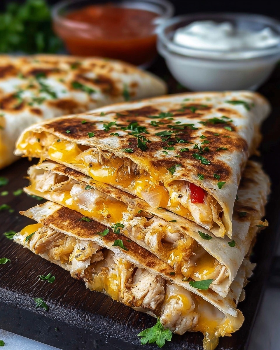 A close-up view of a stacked quesadilla cut into triangular slices, each slice showing three thin, lightly toasted golden-brown tortilla layers filled with melted yellow and white cheese, mixed with cooked diced chicken and sautéed onions. The top tortilla is sprinkled with finely chopped green herbs. The quesadilla rests on a black wooden board with some scattered fresh herbs around. In the blurred background, there are two glass bowls, one with white sour cream and the other with red salsa, on a white marbled surface. Photo taken with an iphone --ar 4:5 --v 7