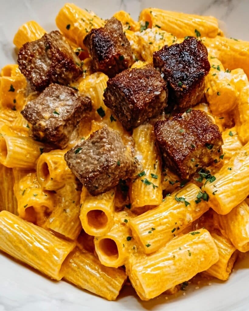 Cajun Steak Tips in Cheesy Rigatoni Parmesan Sauce Recipe
