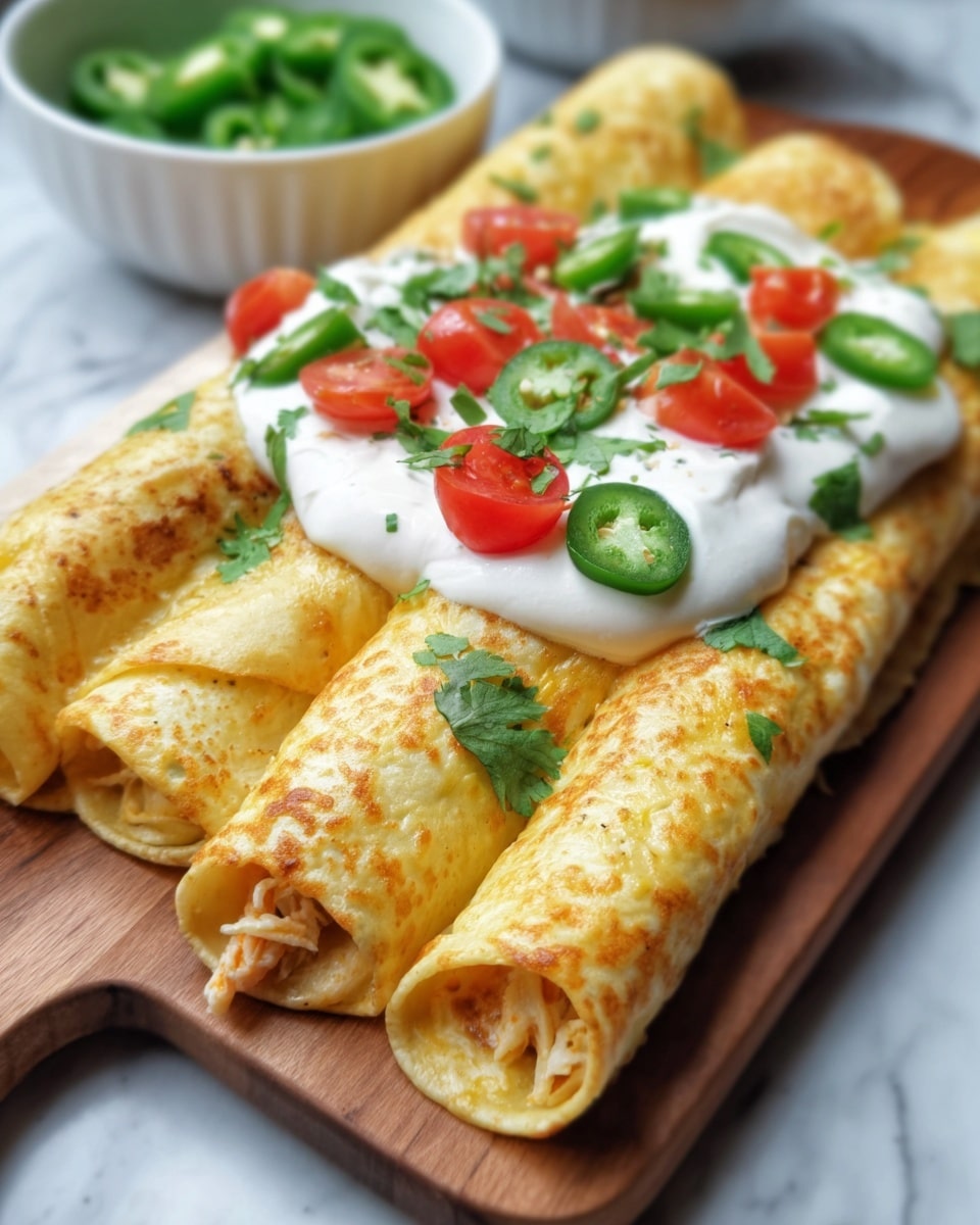 Three rolled crepes lie side by side on a wooden board set on a white marbled surface. Each crepe is golden yellow with a soft, slightly crisp texture and filled inside with a light creamy mixture. The top of the crepes is covered with uneven dollops of white sour cream, thin circular slices of green jalapeño peppers, small bright red diced tomatoes, and scattered fresh green cilantro leaves. In the background, a white bowl filled with additional jalapeño slices is partly visible. A woman's hand reaches slightly from the edge of the frame toward the crepes. Photo taken with an iphone --ar 4:5 --v 7