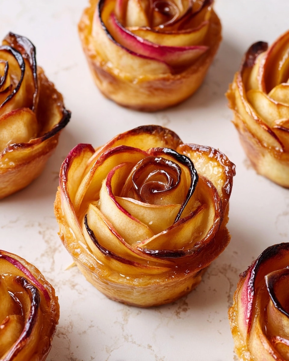 A close-up view of four apple rose tarts placed on a white marbled surface. Each tart is shaped like a rose with thinly sliced apples layered in multiple spiral layers forming the petals, showing a gradient of colors from light yellow to red with caramelized, slightly browned edges creating a glossy, sweet finish. The apple petals are nestled in a golden, flaky pastry base that forms the bottom and sides of the tart, giving it height and structure. The surface of the apples has a shiny glaze that enhances the warm tones of the fruit and pastry. photo taken with an iphone --ar 4:5 --v 7