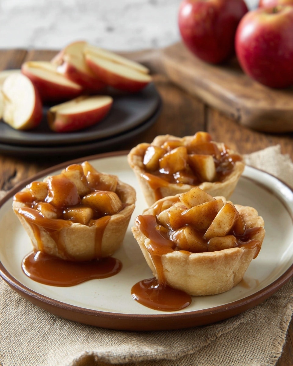 Three small apple tarts sit on a round white plate with a brown rim, placed on a beige cloth over a wooden table. Each tart has a golden-brown pastry shell forming one layer, filled with chunky, caramel-colored apple pieces covered in thick, glossy caramel sauce that drips down the sides and onto the plate. In the background, a dark plate holding halved and whole red apples rests on a wooden board, all set against a white marbled texture surface. Photo taken with an iphone --ar 4:5 --v 7
