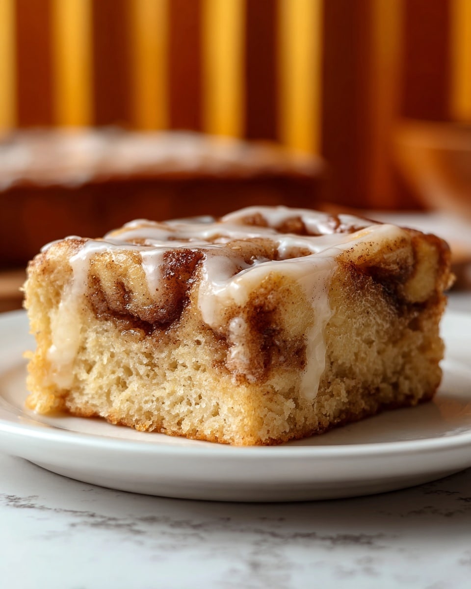 A thick square piece of cinnamon roll cake sits on a white plate, showing two distinct layers: a light beige soft cake base with a dense texture, and a swirled cinnamon filling layer that is golden brown with gooey, melted spots. The top is covered with a smooth white glaze that has a slightly glossy finish, dripping subtly over the edges. The background features a white marbled texture beneath the plate and blurred shapes in warm tones behind it. photo taken with an iphone --ar 4:5 --v 7