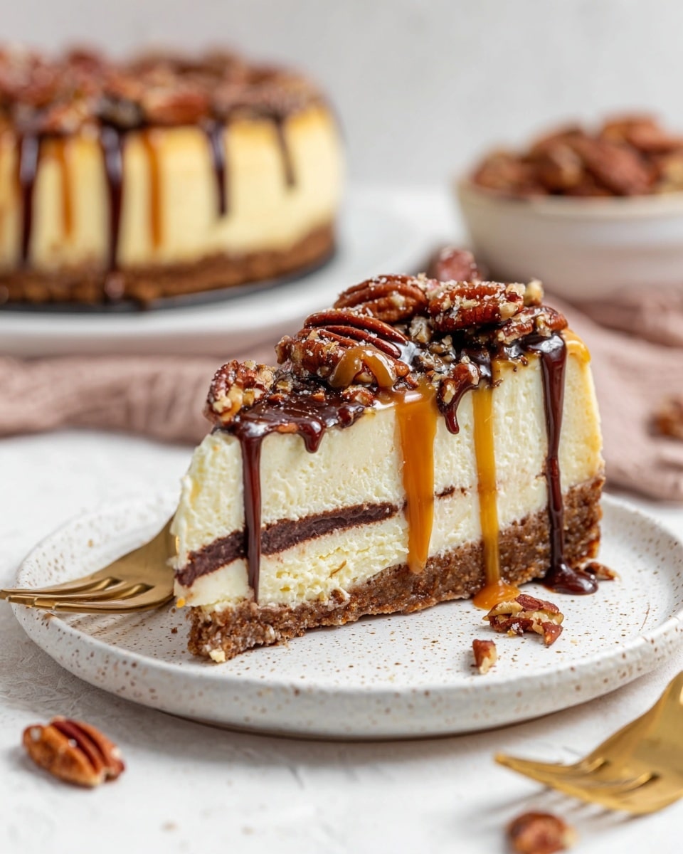 A slice of cheesecake is shown on a white plate with a speckled texture. The cheesecake has three main layers: a bottom brown crumbly crust, a thick creamy off-white filling with a thin swirl of dark chocolate running horizontally through the middle, and a topping of whole pecans. Dark chocolate and caramel sauces are drizzled heavily over the pecans and down the sides of the cheesecake. Extra pecan pieces are scattered around the plate and the white marbled surface beneath. In the blurred background, there is a whole cheesecake and a small bowl filled with pecans, along with two gold forks. photo taken with an iphone --ar 4:5 --v 7