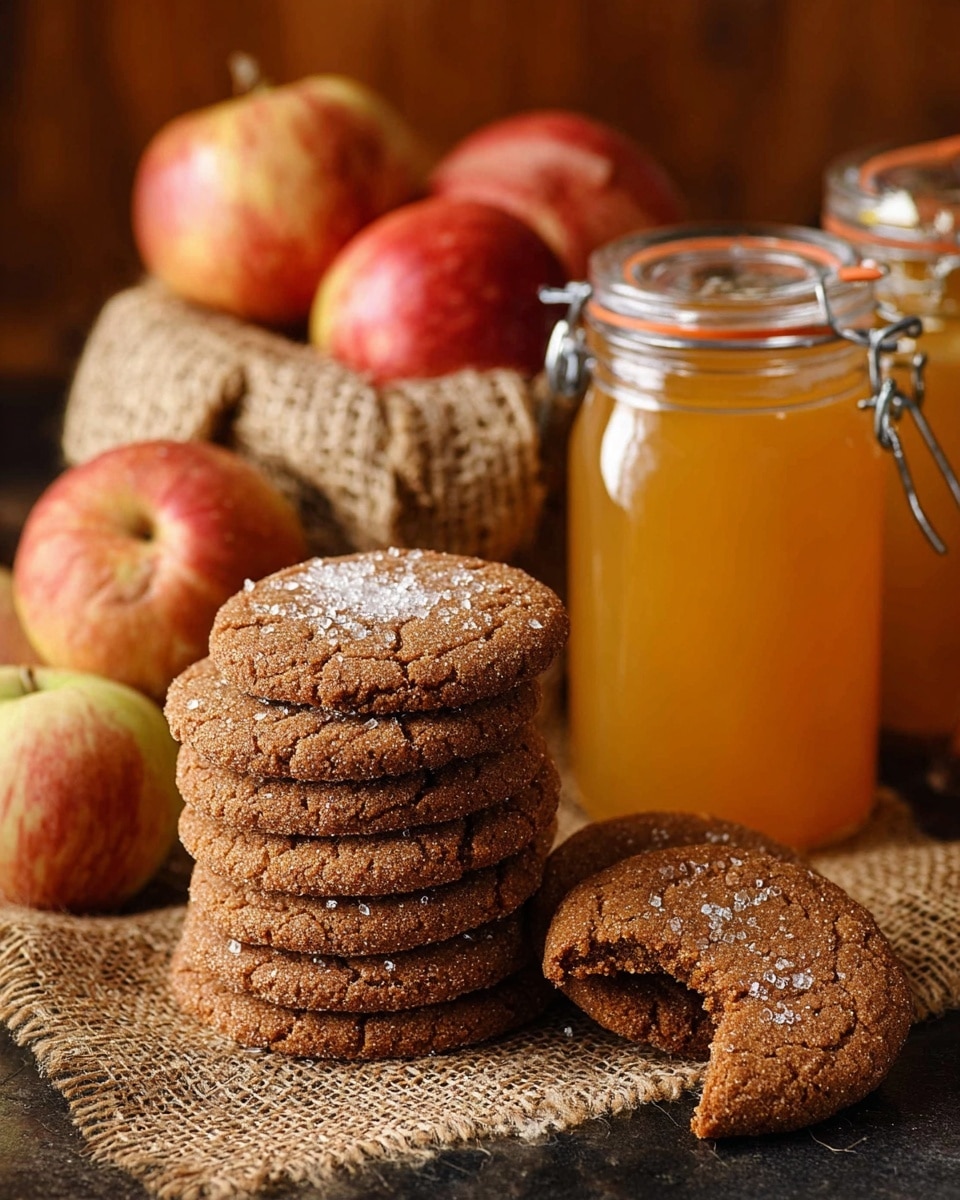 A stack of eight round brown cookies with sugar crystals on top sits on a rough beige burlap cloth on a white marbled surface, with one cookie leaning against the stack and another broken cookie resting on top showing its inside texture. Behind the cookies, there are three red apples with some light streaks, placed in a sack-like container. To the right, there are two glass jars filled with a golden orange liquid, one jar larger and one smaller with metal clips on the lids, both placed on the burlap cloth. The overall setting is warm and rustic with a wooden background. photo taken with an iphone --ar 4:5 --v 7