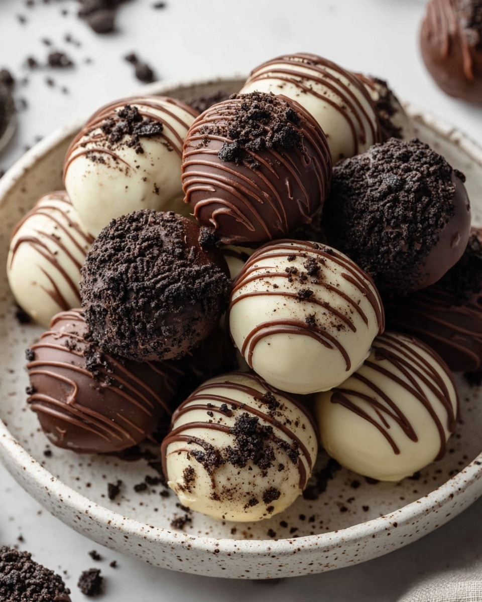 A white speckled plate holds an arrangement of round truffles in two main colors: dark chocolate brown and white chocolate. The dark chocolate truffles have a matte texture with some topped with fine chocolate crumbs and others drizzled with thin lines of dark chocolate. The white chocolate truffles are smooth and glossy, decorated with dark chocolate crumbs and some thin drizzles of dark chocolate as well. The truffles are stacked closely together, with whole sandwich cookies partially visible under and around them, adding a darker black and white contrast. The plate sits on a white marbled surface. photo taken with an iphone --ar 4:5 --v 7