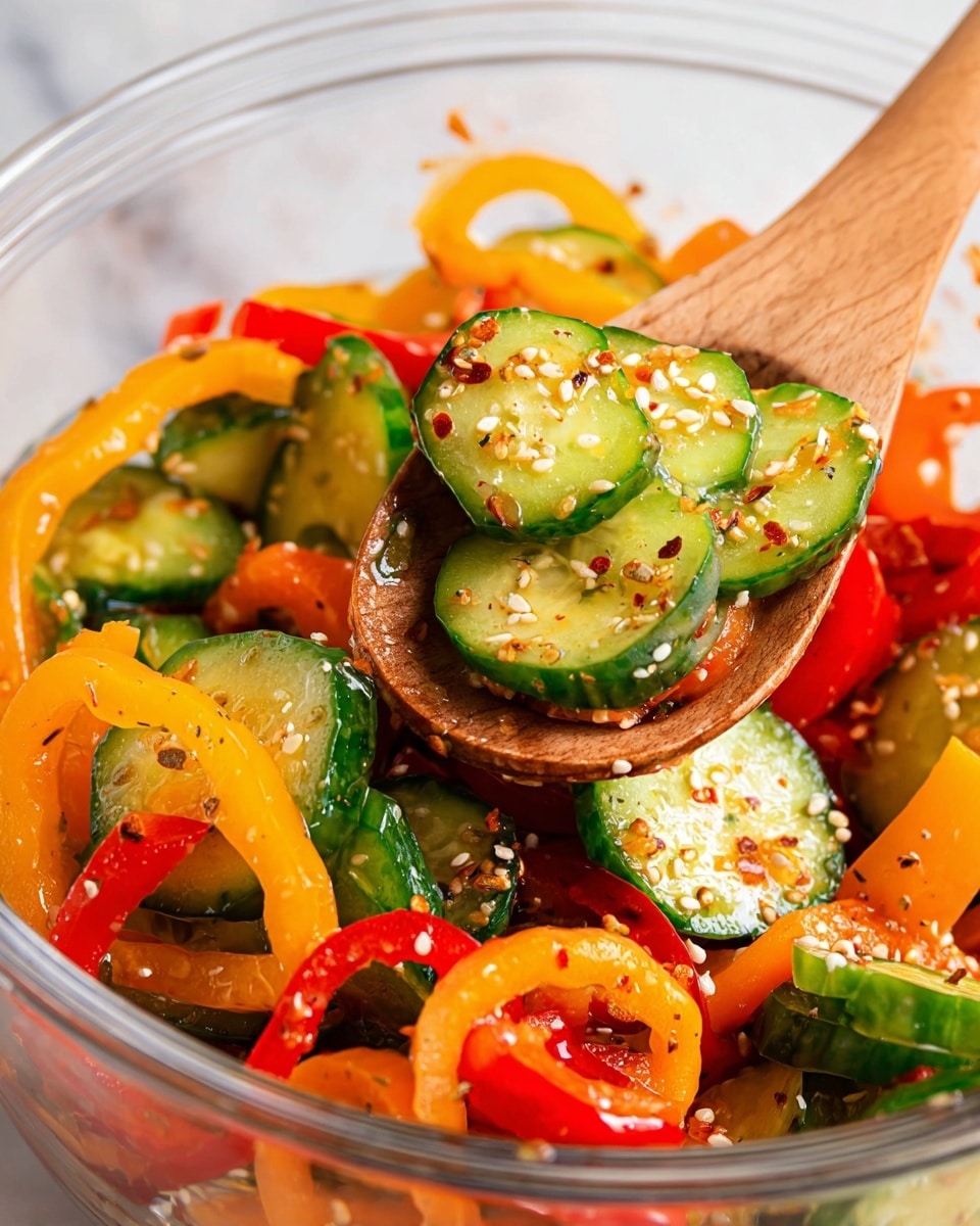 A clear glass bowl filled with freshly sliced green cucumbers and colorful bell pepper rings in red, yellow, and orange, all mixed together and sprinkled with various seeds and spices creating small black, white, and red specks. A wooden spoon scoops some of the salad, showing layers of shiny cucumber slices with light green centers and vibrant bell pepper rings that have a smooth and slightly glossy texture. The bowl sits on a white marbled surface. photo taken with an iphone --ar 4:5 --v 7