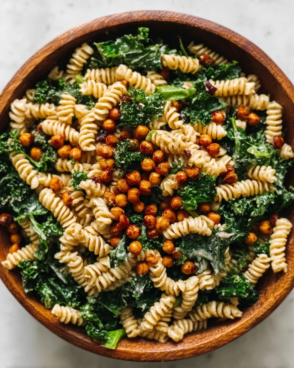A wooden bowl filled with a salad consisting of light beige spiral pasta, dark green kale leaves, and small round roasted chickpeas that are golden brown with a hint of red. The pasta is spread evenly throughout, mixed closely with the chopped kale, while the chickpeas are scattered on top, adding texture and color contrast. The bowl sits on a white marbled surface, creating a clean and fresh look. Photo taken with an iphone --ar 4:5 --v 7