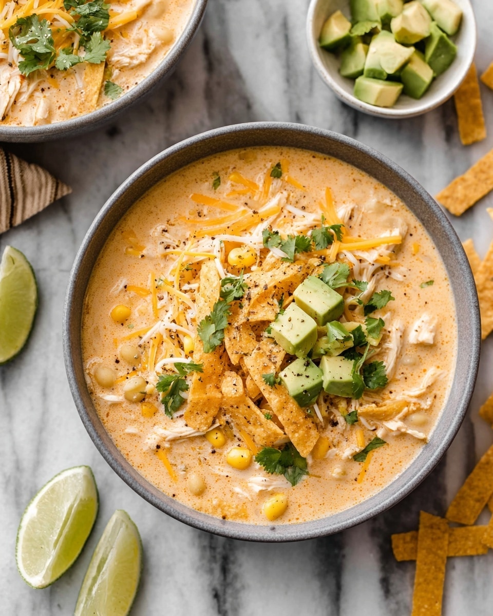 The image shows a bowl of creamy orange soup with visible chunks of shredded chicken, white beans, and yellow corn, creating a textured base. The top is layered with light yellow shredded cheese, green avocado cubes, and orange crispy tortilla strips scattered in the center. Small green cilantro leaves and a sprinkle of black pepper are spread over the top, adding fresh color and detail. The bowl is gray and placed on a white marbled surface, with two lime halves to the left and more tortilla strips scattered around, along with a small white bowl of avocado cubes. photo taken with an iphone --ar 4:5 --v 7