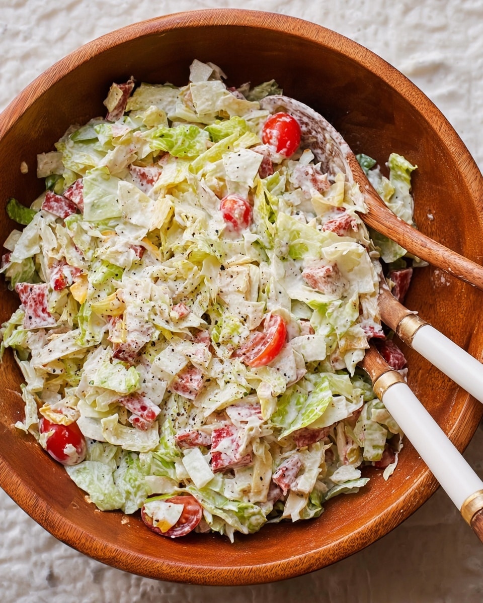 A large wooden bowl filled with a creamy salad showing a mix of shredded pale green and white lettuce, small red cherry tomato halves, diced light yellow cheese, and chunks of reddish-pink meat, all coated in a white creamy dressing with visible black pepper specks. The salad looks fresh and well mixed. Two white-handled wooden utensils rest on the edge of the bowl. The bowl sits on a white marbled textured surface. photo taken with an iphone --ar 4:5 --v 7