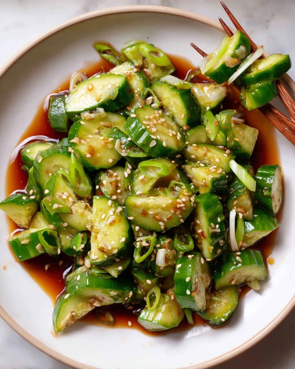 The image shows a white bowl filled with bright green cucumber pieces cut into thick rounds, some sliced halfway to create a crinkle effect. The cucumbers are mixed with thinly sliced light green scallions scattered on top and a light brown sauce pooling at the bottom. White sesame seeds are sprinkled generously over the cucumbers and scallions, adding texture. Wooden chopsticks hold a few cucumber slices on the right side, hovering above the bowl. The bowl sits on a white marbled surface. Photo taken with an iphone --ar 4:5 --v 7