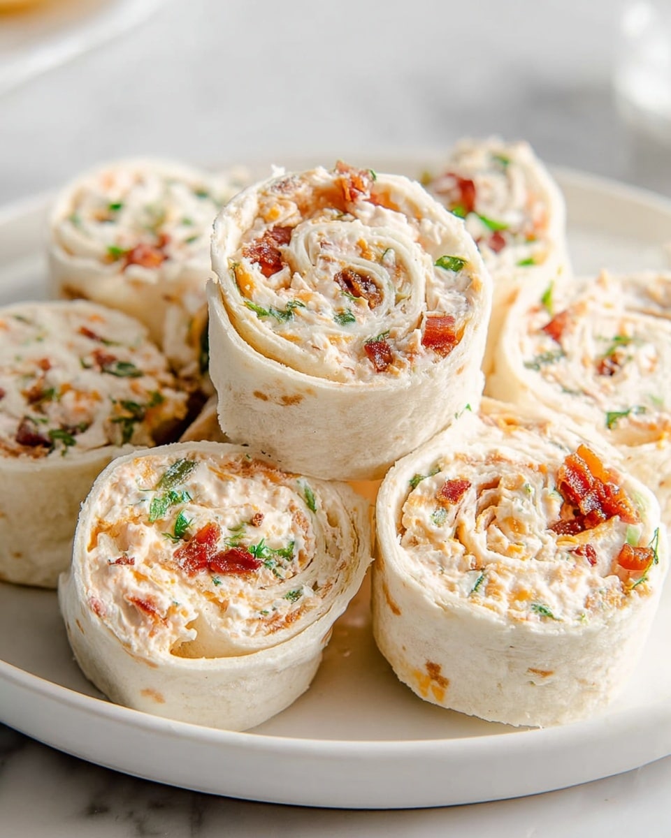 A white plate holds a stack of six rolled tortilla pinwheels, each cut to show three layers inside: the soft, pale tortilla outside, a creamy middle layer with small orange bits (likely cheese), chopped green herbs, and small pieces of red (likely bacon) evenly mixed throughout. The pinwheels are arranged in a loose pile on a white marbled surface, with the front few rolls in clear focus and the background softly blurred. Photo taken with an iphone --ar 4:5 --v 7